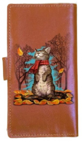 Кошелек на кнопке мини из натуральной кожи 18×9×1 см, «Кот в шарфике», рыжий