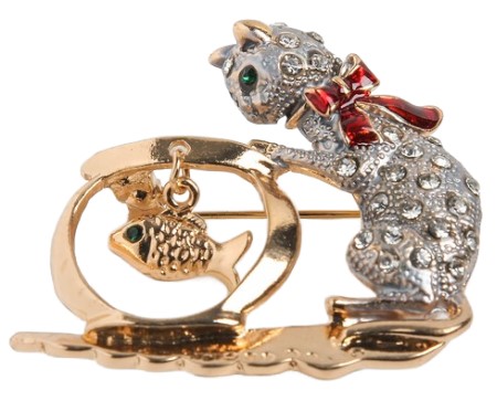 Брошь «Кошка» с аквариумом, 4,5*3,8 см, цвет серо-красный в золоте