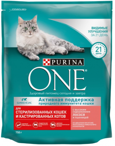 Корм сухой Purina One (для стерилизованных кошек), 750 г, «Лосось и пшеница»
