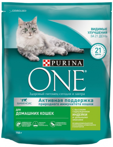 Корм сухой Purina One (для взрослых кошек) 750 г, «Индейка и злаки» (для выведения шерсти у домашних кошек)