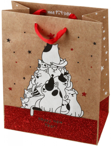 Пакет подарочный крафт Meshu, 18*23*10 см, New Year Of Cats, выборочный УФ-лак, глиттер