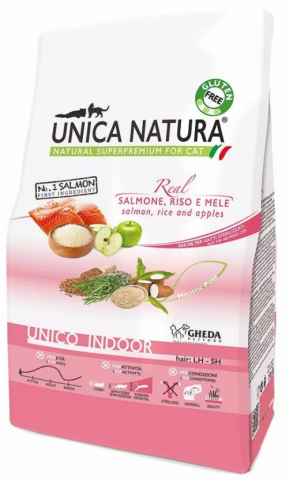 Корм сухой Unica Natura Indoor (для домашних кошек), 1,5 кг, лосось/рис/яблоко