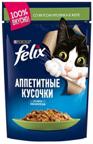 Корм влажный Purina Felix «Аппетитные кусочки» (для взрослых кошек) 75 г, кролик в желе