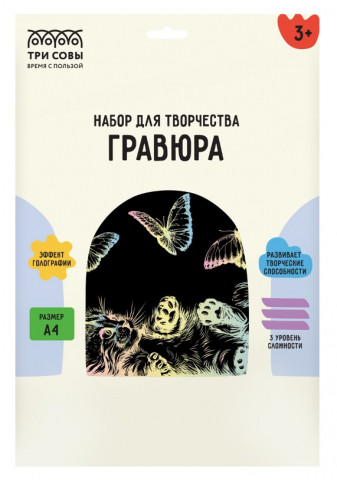 Набор для творчества «Гравюра. Три совы» А4, «Кошка и бабочки», с голографическим эффектом