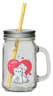 Банка стеклянная с крышкой и трубочкой «Котик», 450 мл, 10*7,5*13 см