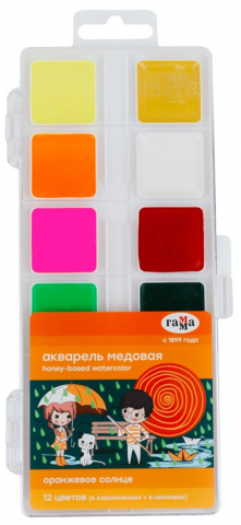 Акварель медовая «Оранжевое солнце» , 12 цветов, в пластиковой коробке, без кисти (с флуоресцентыми цветами)