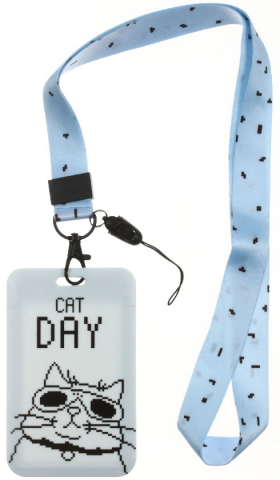 Бейдж пластиковый на тесьме с карабином Meshu 50×80 мм, Cat Day, голубой