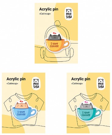 Значок акриловый Meshu, Catsincups, ассорти
