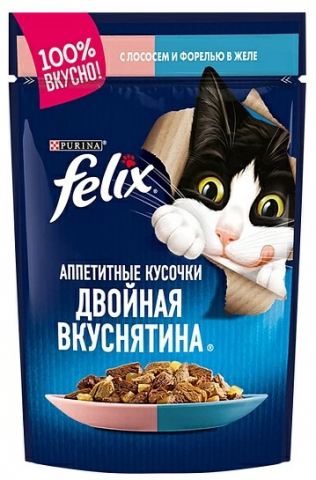 Корм влажный Purina Felix «Аппетитные кусочки» (для взрослых кошек) 75 г, лосось и форель в желе