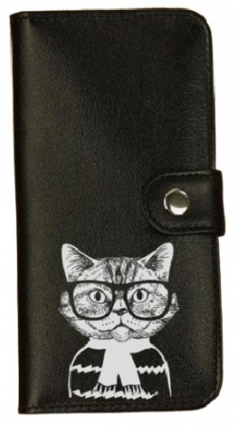 Кошелек на кнопке мини из натуральной кожи, 18*9*1 см, «Кот с очками», черный