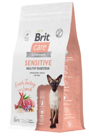 Корм сухой Brit Care Superpremium Sensitive Healthy Digestion (для здорового пищеварения кошек), 1,5 кг, индейка и ягненок