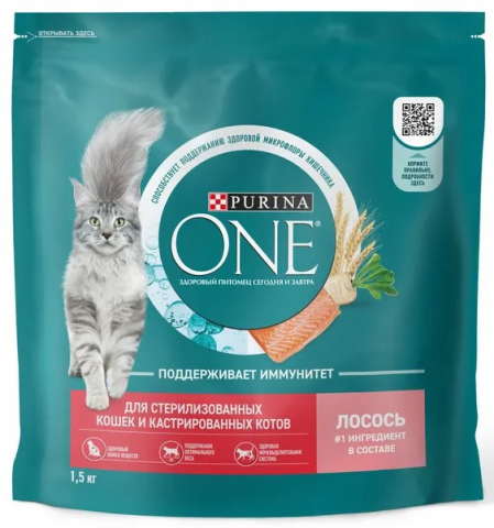 Корм сухой Purina One (для взрослых кошек) 1,5 кг, «Лосось/пшеница»