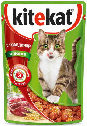 Корм влажный Kitekat (для взрослых кошек), 85 г, «Говядина в желе»