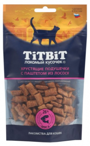 Лакомство «Хрустящие подушечки» TitBit (для кошек) 60 г, паштет из лосося