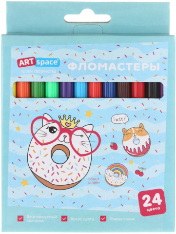 Фломастеры ArtSpace «Кот-сластена» 24 цвета, толщина линии 1 мм, вентилируемый колпачок